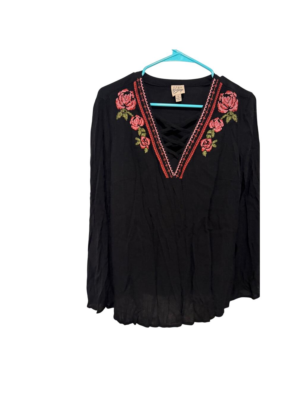 Como Vintage Women's Small Black Pink V-Neck Cross Stitch Floral Blouse